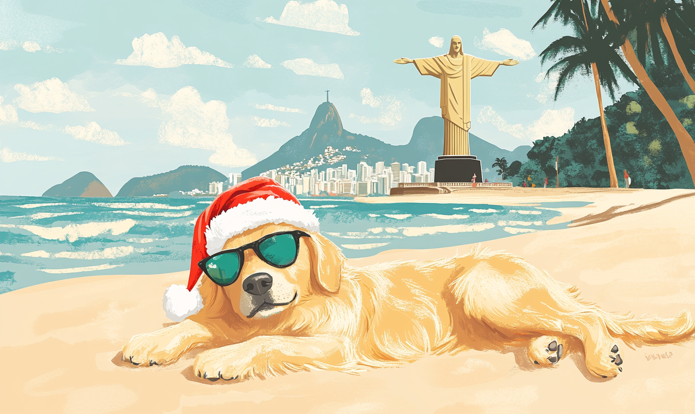 Christmas Golden Retriever relaxing on beach in Rio.