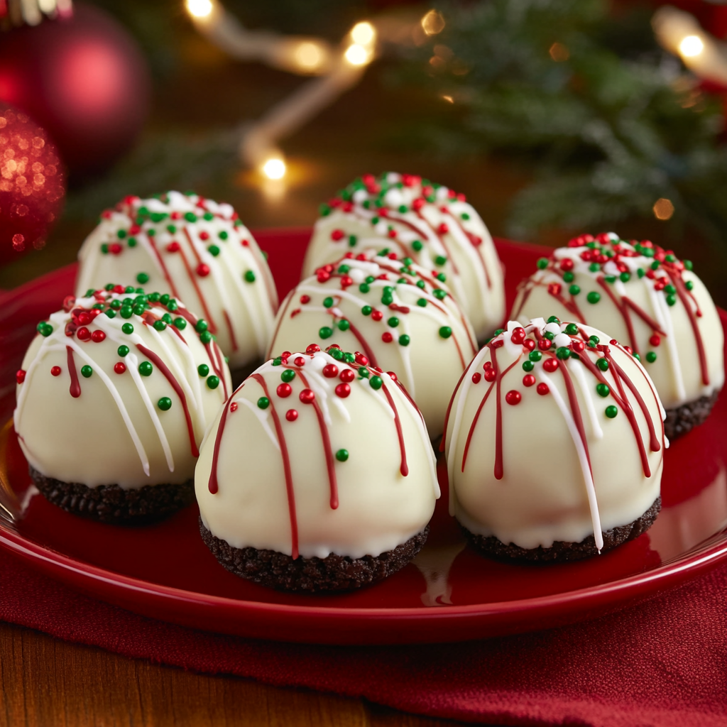 Christmas Oreo Balls on a red plate