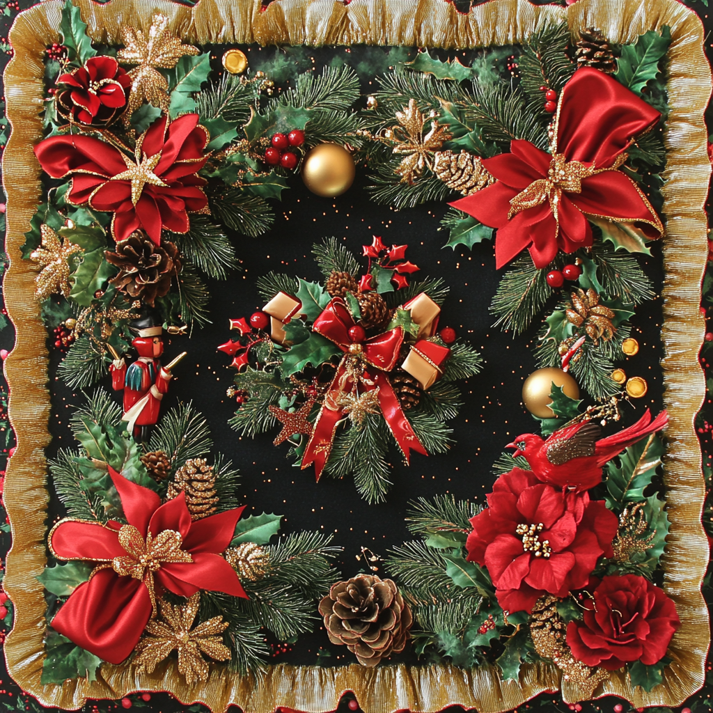 Christmas Season Fabric Design with Pine, Baubles, Roses 