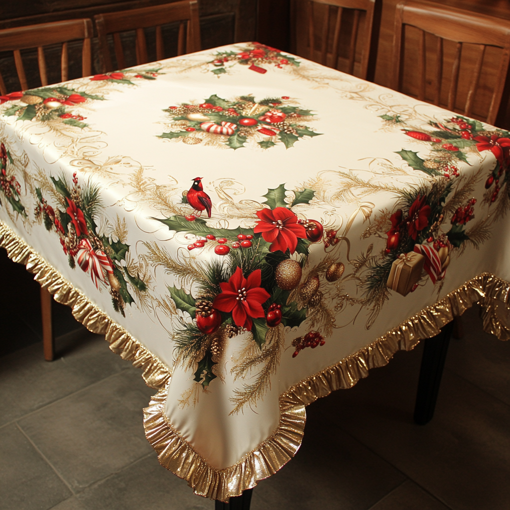 Christmas Season Tablecloth Design with Pine Tips and Baubles