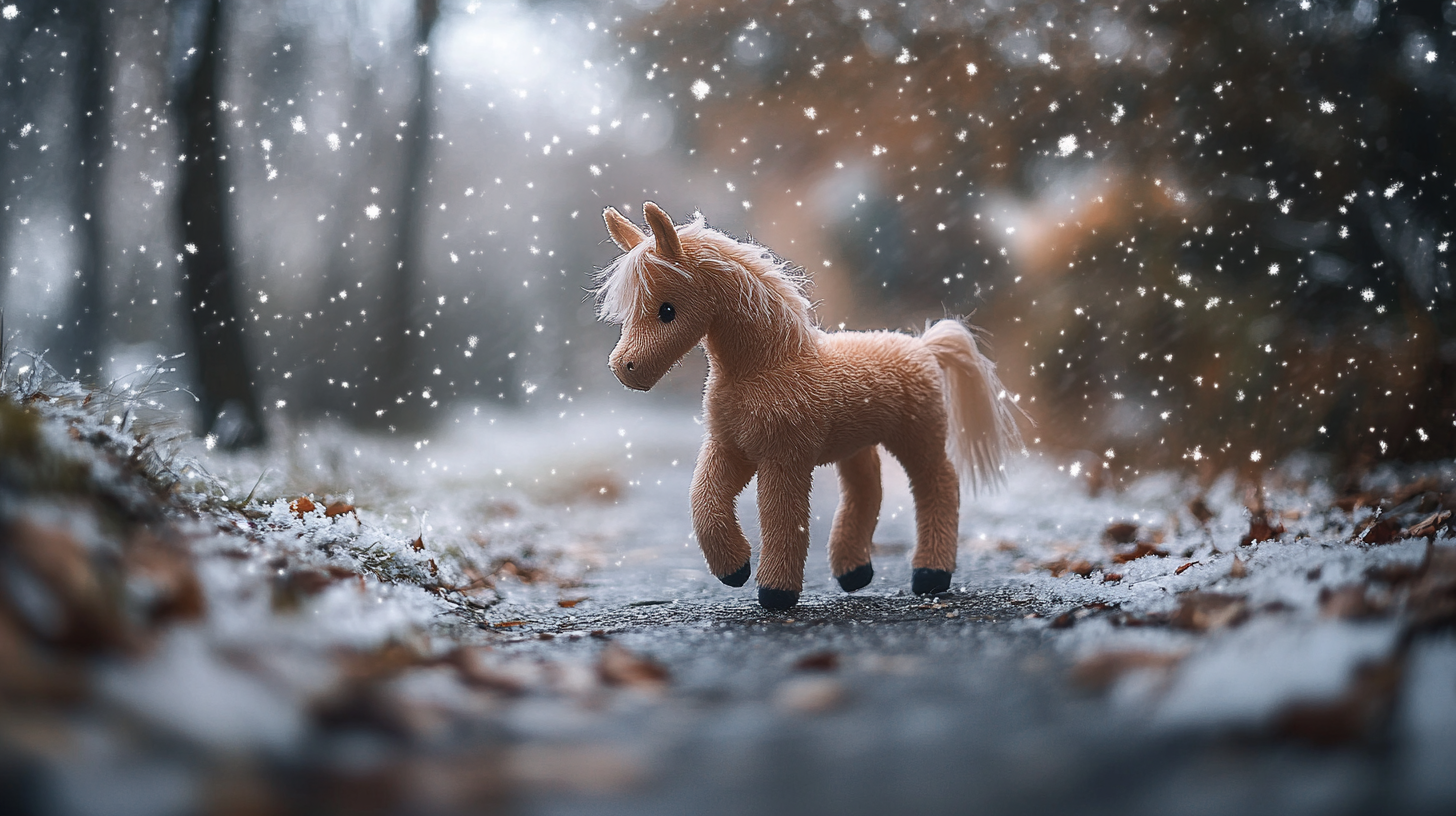 Christmas Stuffed Horse Toy in Snowy Park - 16:9