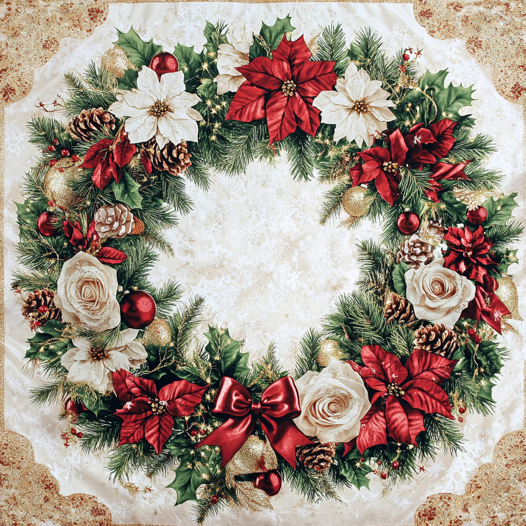 Christmas Wreath Fabric Design with Baubles and Roses