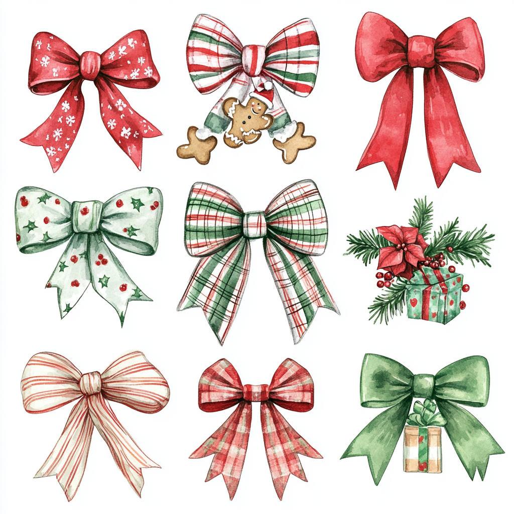 Christmas bows with Santa and gingerbread designs