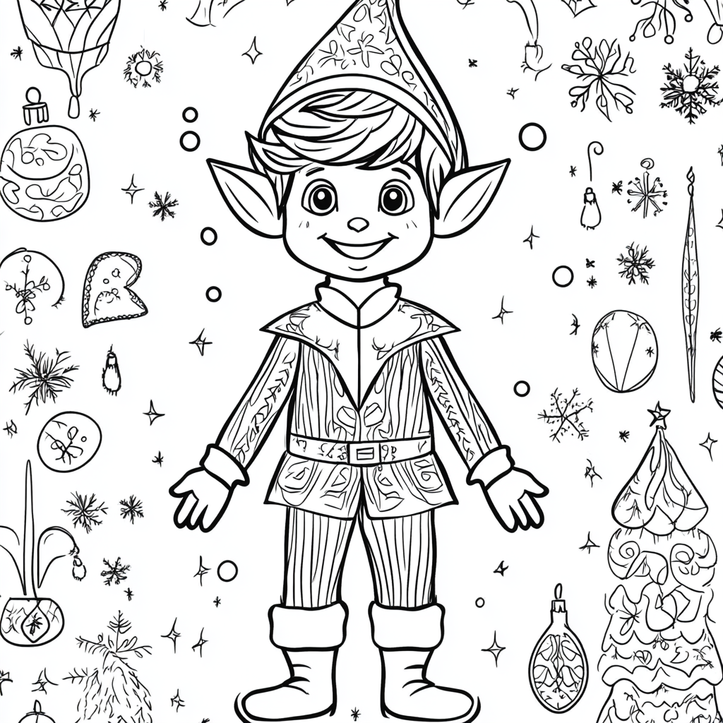 Christmas coloring page: simple elf in characteristic suit