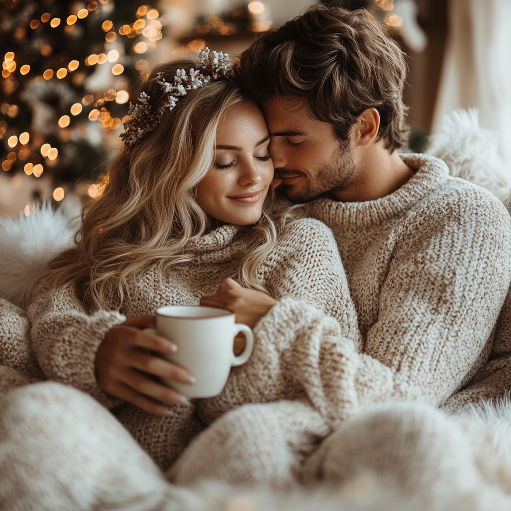 Christmas cozy couple by fireplace with decorations