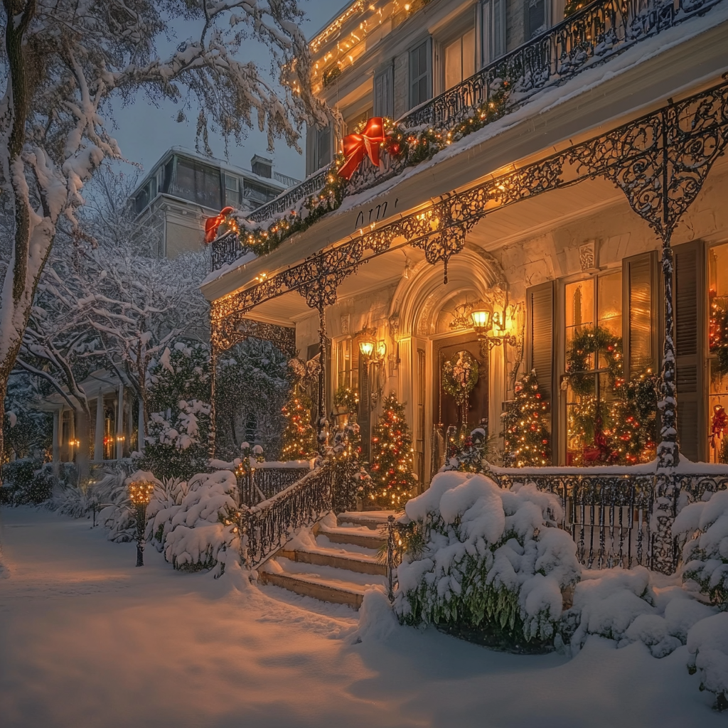 Christmas decorations on plantation house in New Orleans.