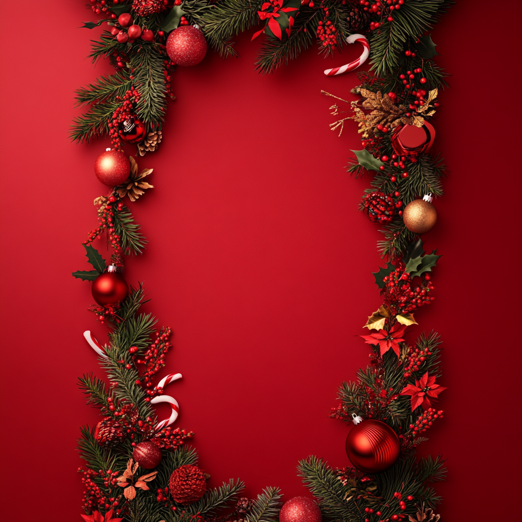 Christmas decorations on red background with blank space