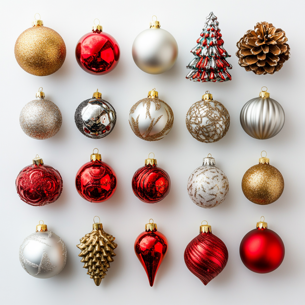 Christmas decorations viewed from above on white background.