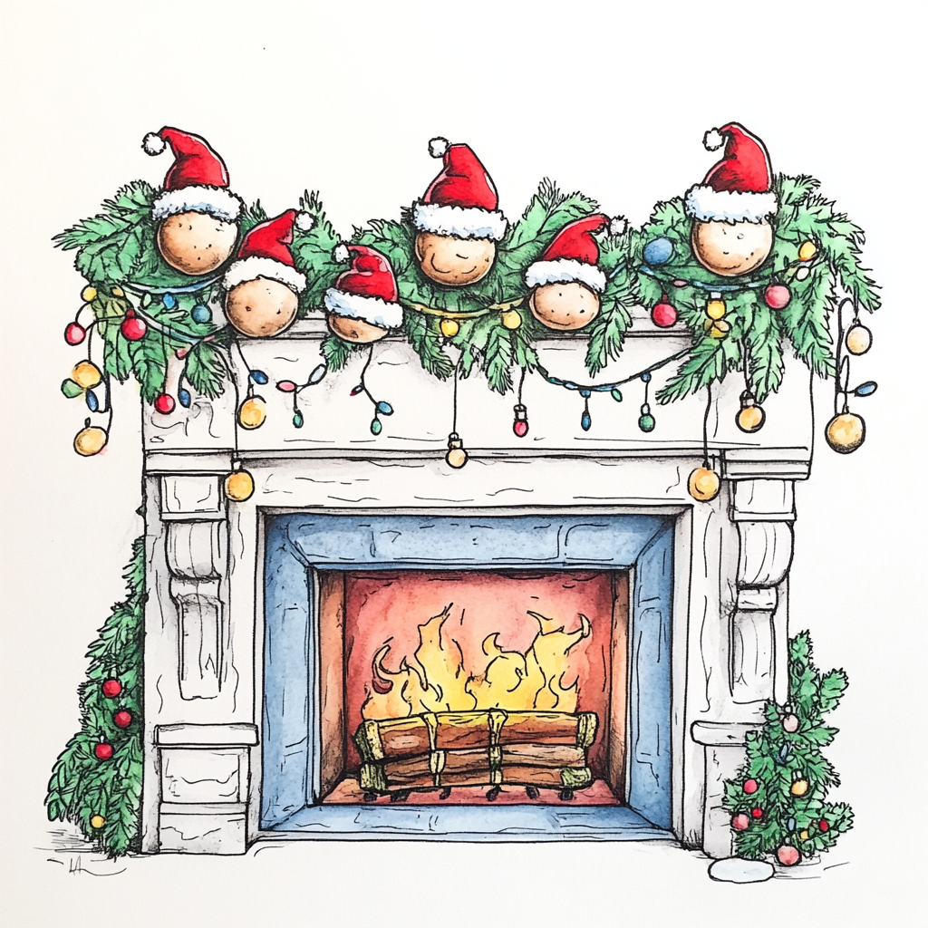 Christmas fireplace mantel with falafel balls with Santa hats.