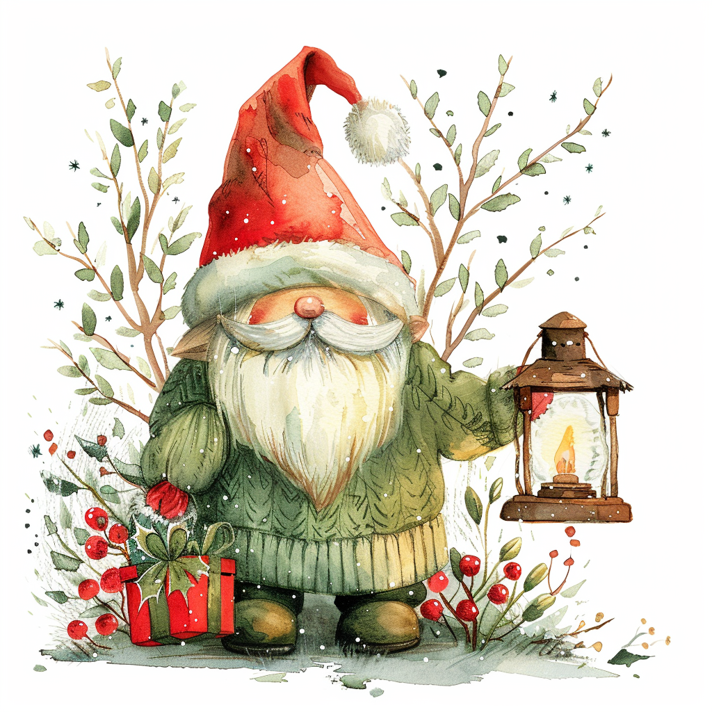 Christmas gnome in colorful outfit holding lantern