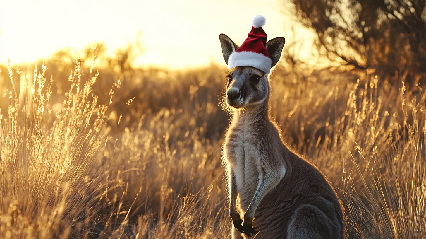 Christmas hat on kangaroo in Australian desert, epic landscape.