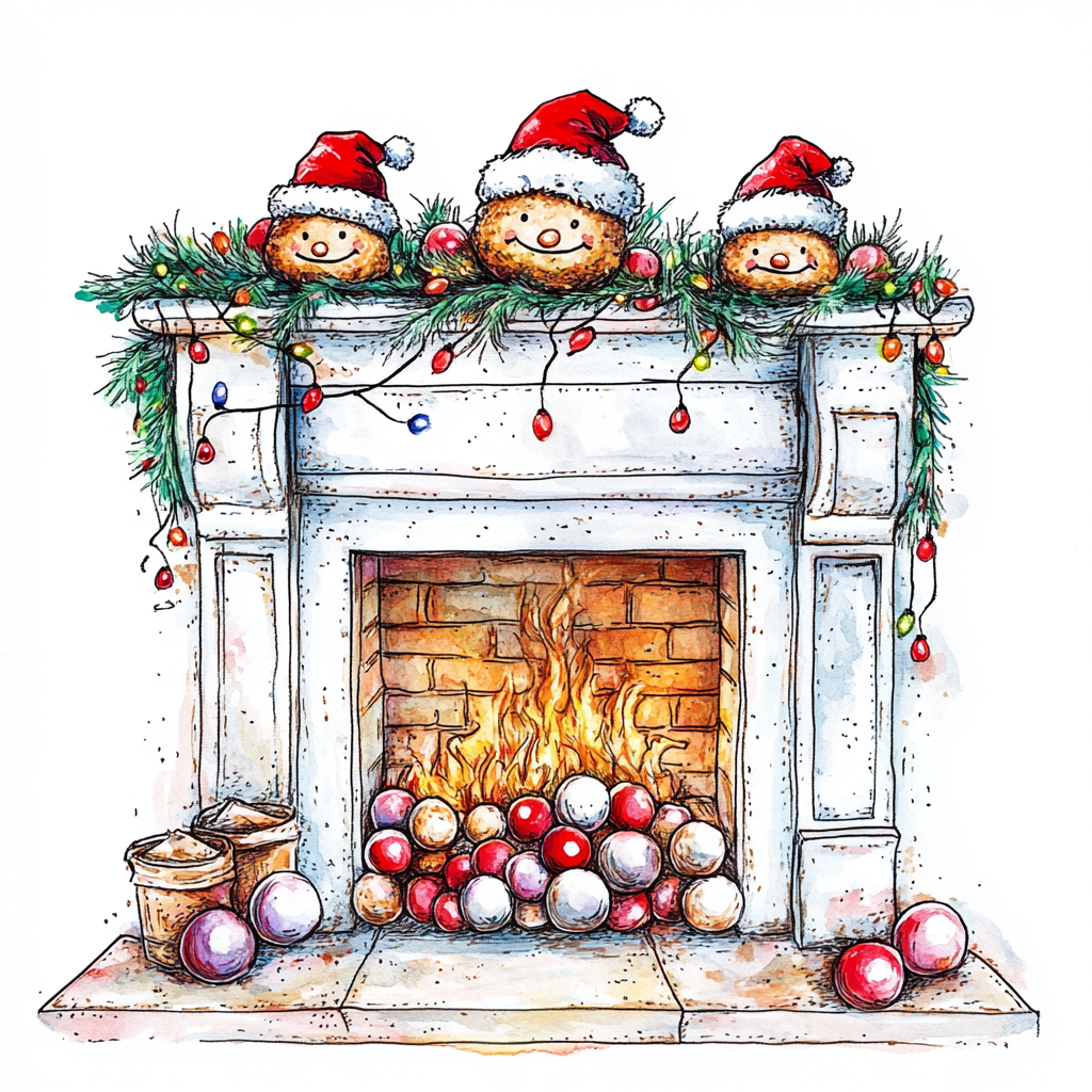 Christmas mantel with falafel balls decorated with santa hats.