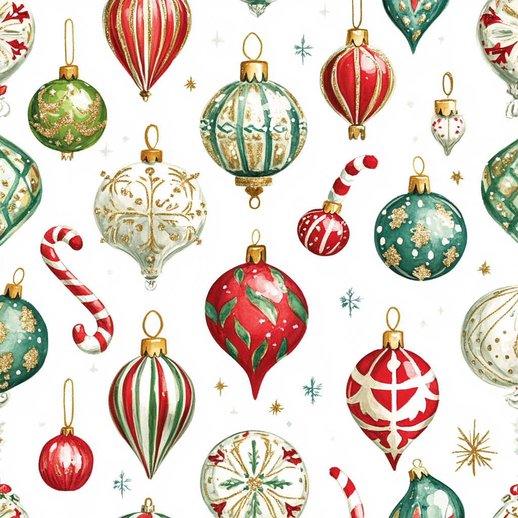 Christmas ornaments pattern with red, green, shimmering designs.