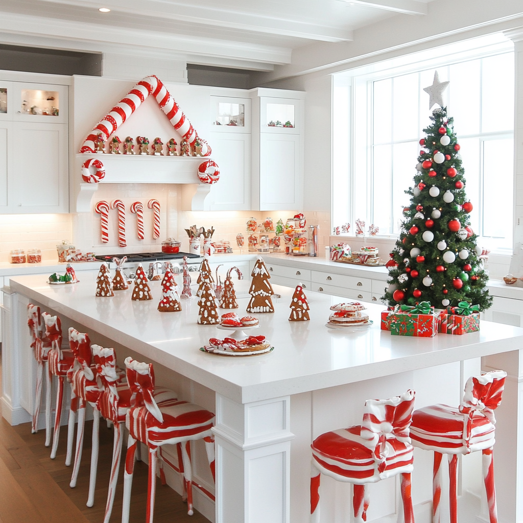 Christmas themed white kitchen with gingerbread decorations.