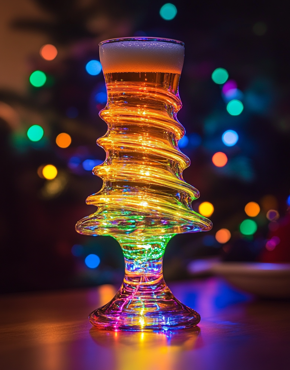 Christmas tree shaped beer glass with colorful background