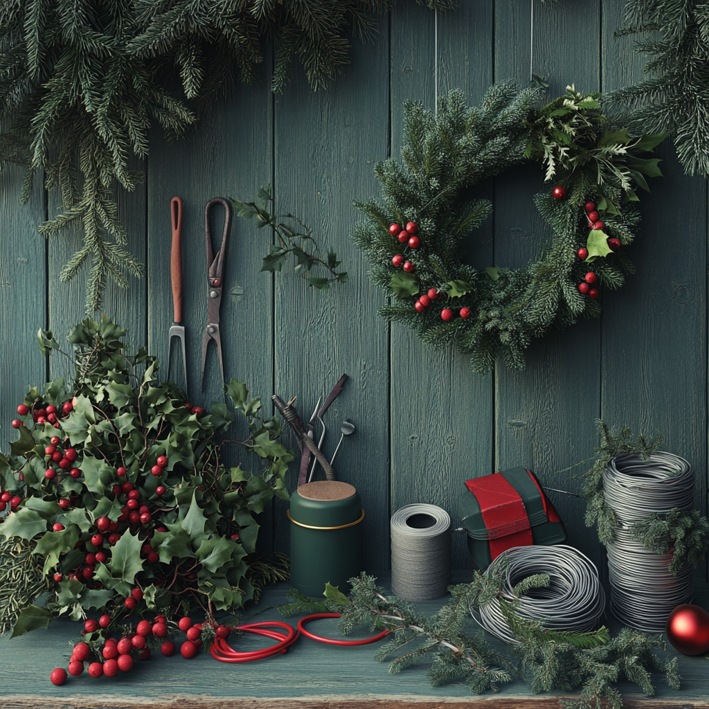 Christmas wreath making workbench with fir sprigs and holly.