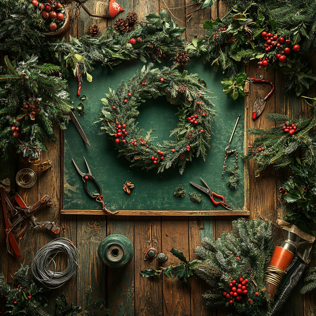 Christmas wreath making workbench with holiday decorations.