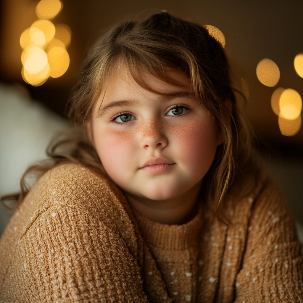 Chubby 12-year-old girl in cozy indoor setting portrait.