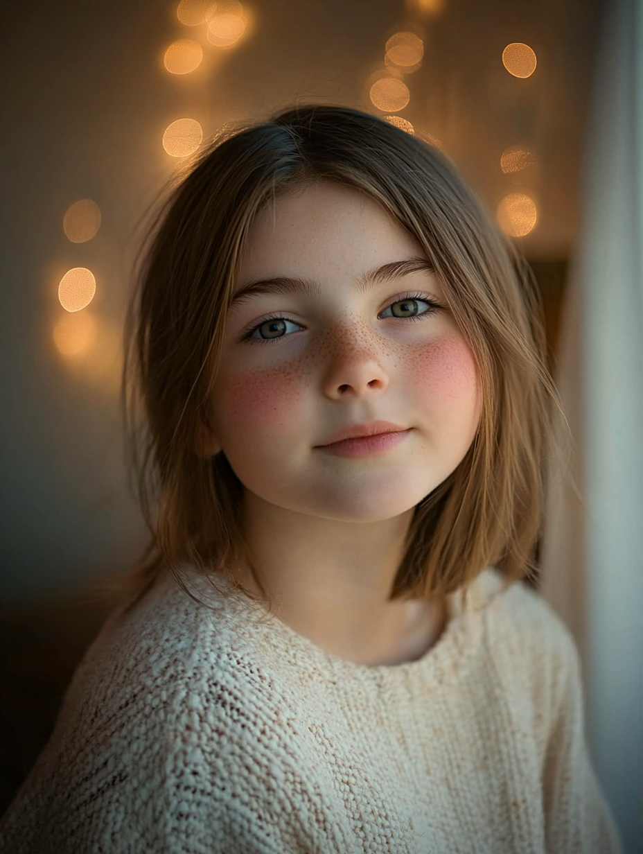 Chubby 12-year-old girl portrait with soft lighting.