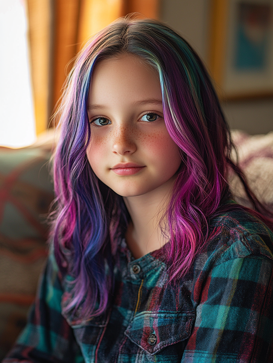 Chubby 12-year-old girl with colorful hair in cozy room.