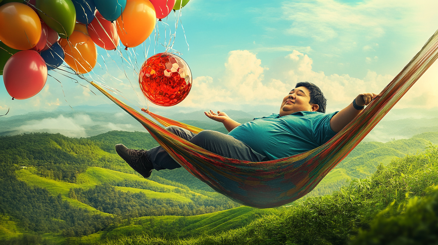 Chubby Asian Man Relaxing in Hammock with Balloons