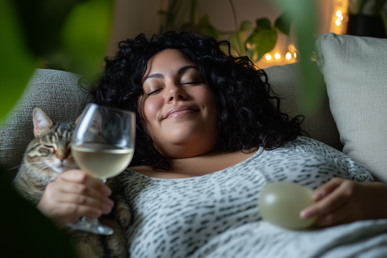 Chubby Hispanic woman with cat and glass of wine.