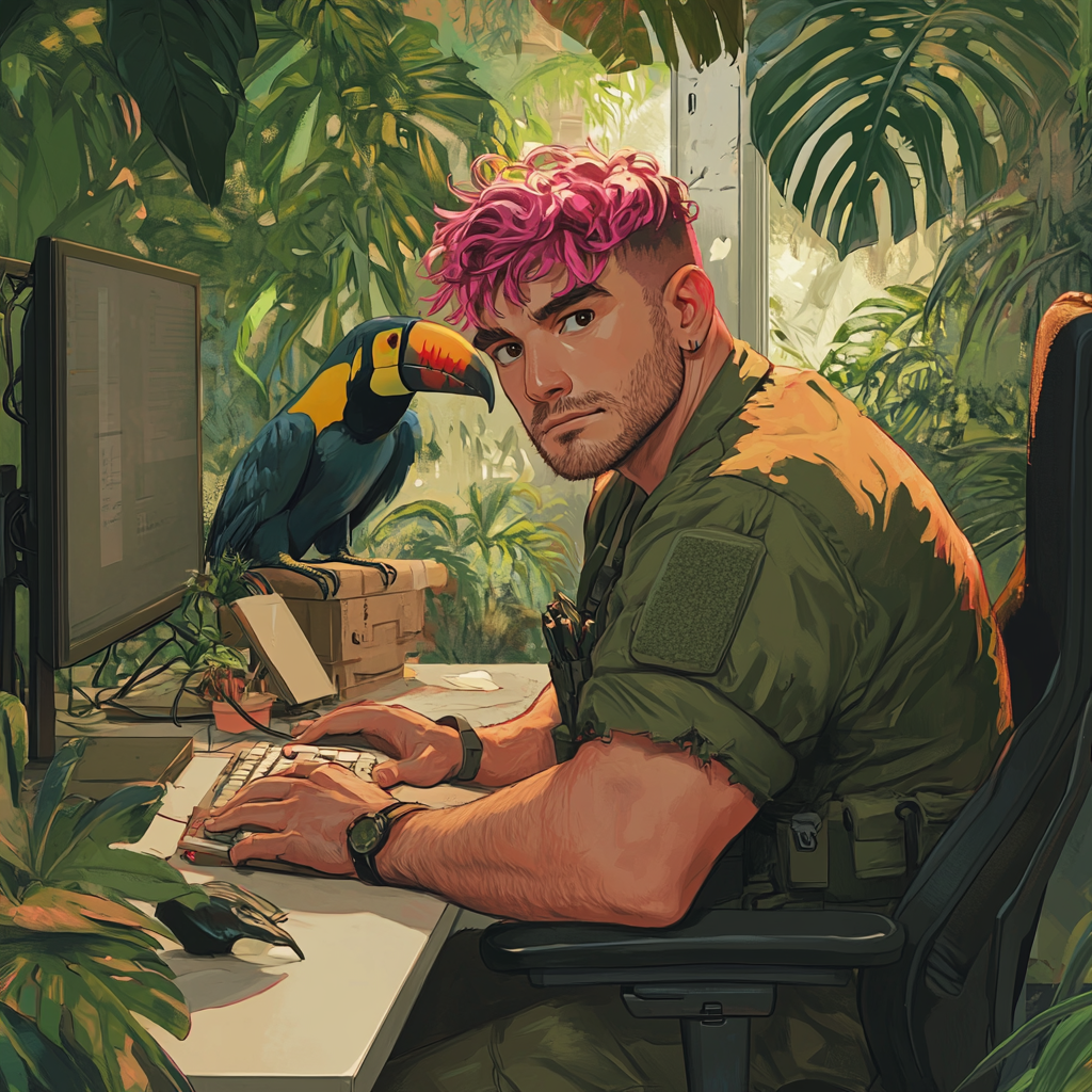 Chubby IT professional in jungle office with animals.