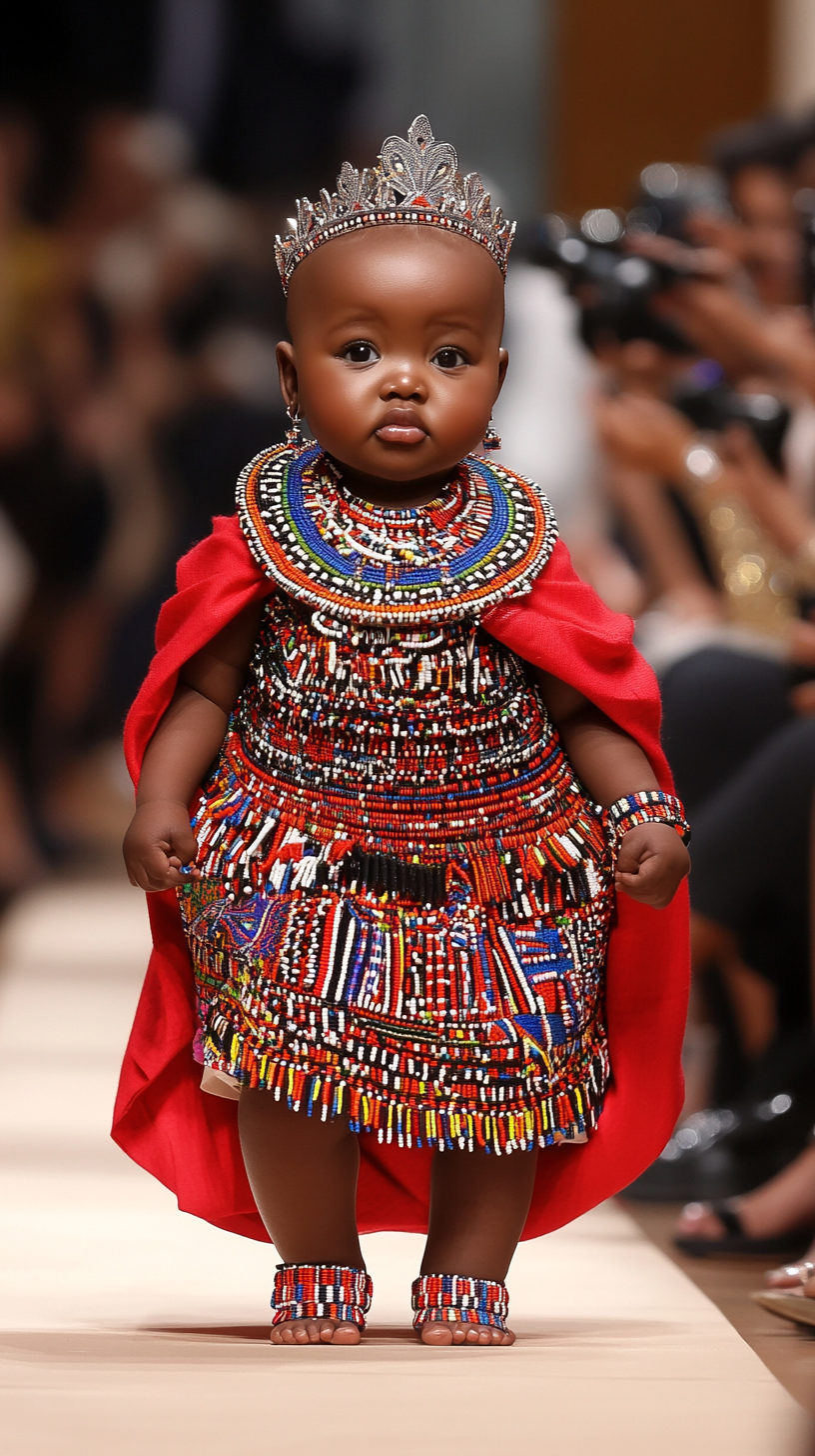 Chubby Kenyan baby poses like supermodel at fashion show.