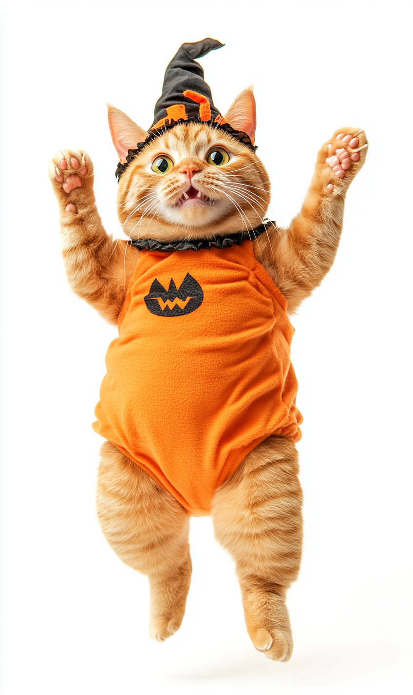 Chubby cat jumps in Halloween outfit on white.