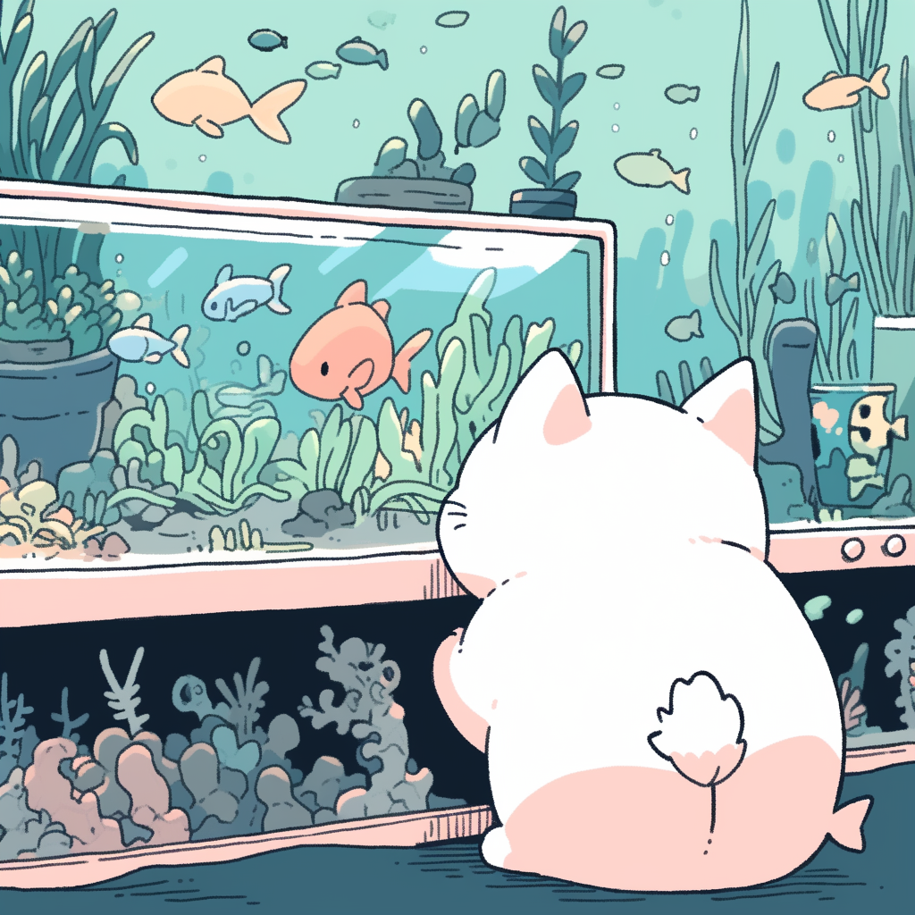 Chubby cat watching fish in cozy aquarium scene.