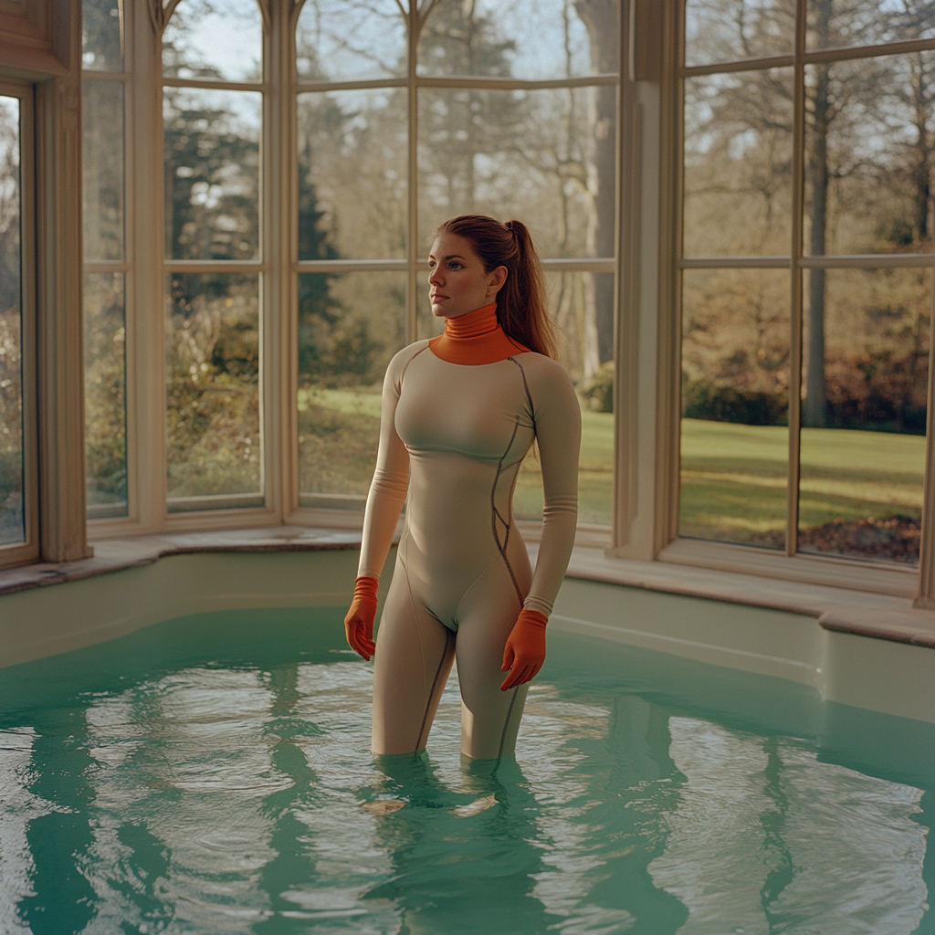 Chubby danish woman in cream turtleneck by indoor pool