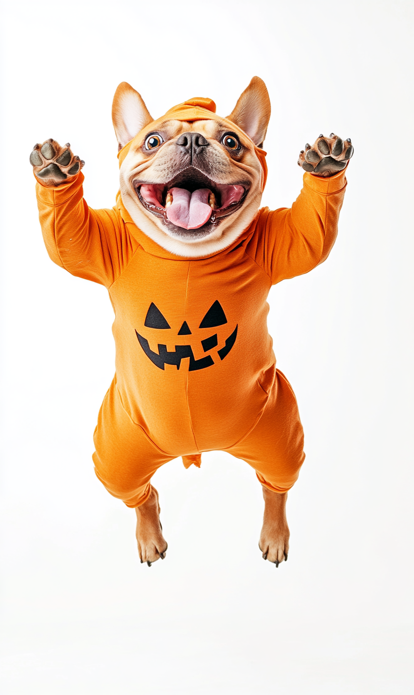 Chubby dog in Halloween costume jumps happily.