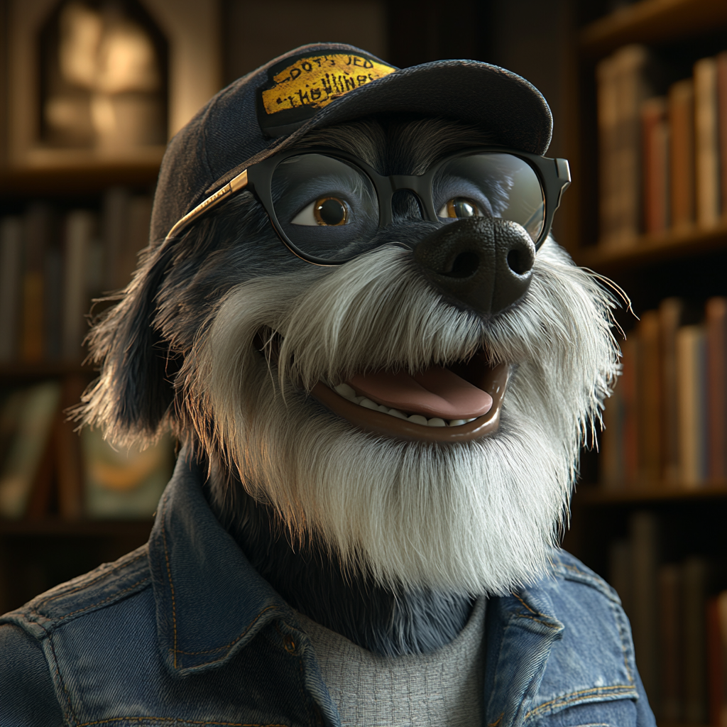 Chubby dog in trucker cap smiles in library.