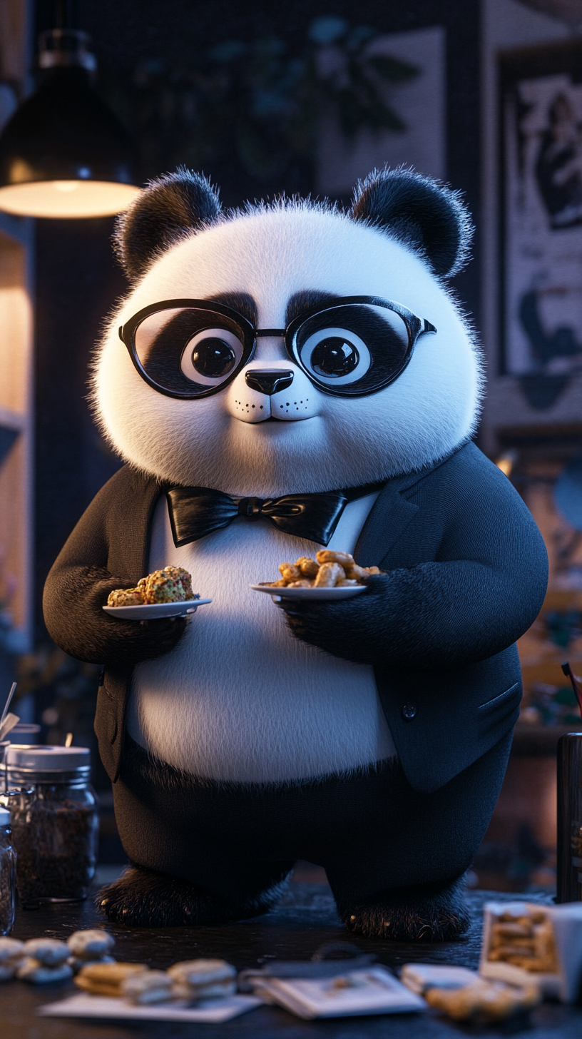 Chubby panda in black suit, clumsy, loves snacks.