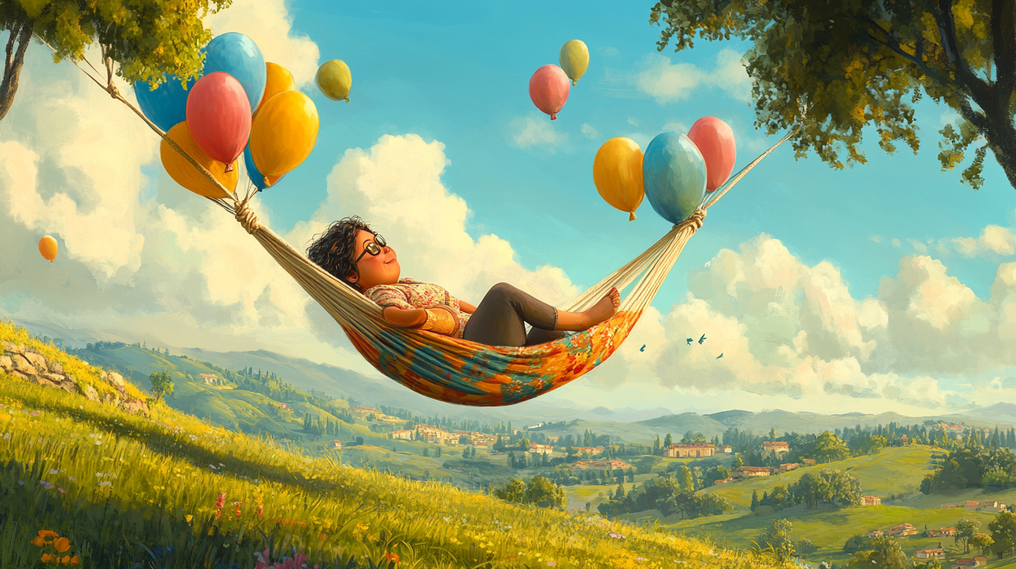 Chubby woman in balloon hammock against lush landscape