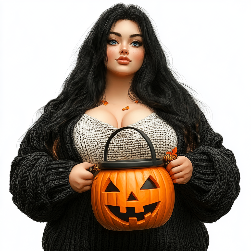 Chubby woman in cozy cardigan holding pumpkin bucket