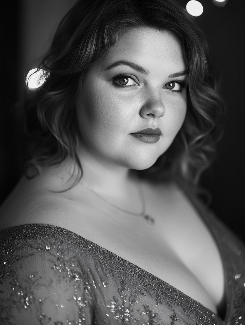 Chubby woman in elegant evening dress portrait. Canon EOS-1D X Mark III camera. Monochrome.