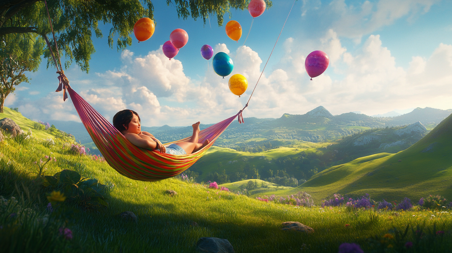 Chubby woman relaxes in hammock held by colorful balloons