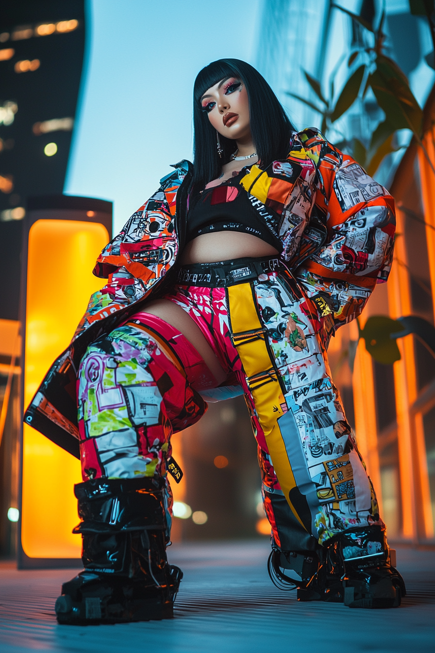 Chubby woman wears futuristic harajuku outfit in photo.