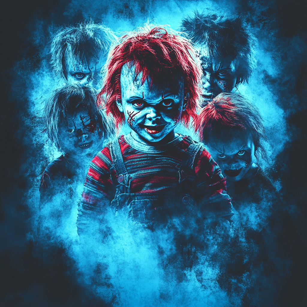 Chucky dolls in menacing poses, eerie composition with blue filter.