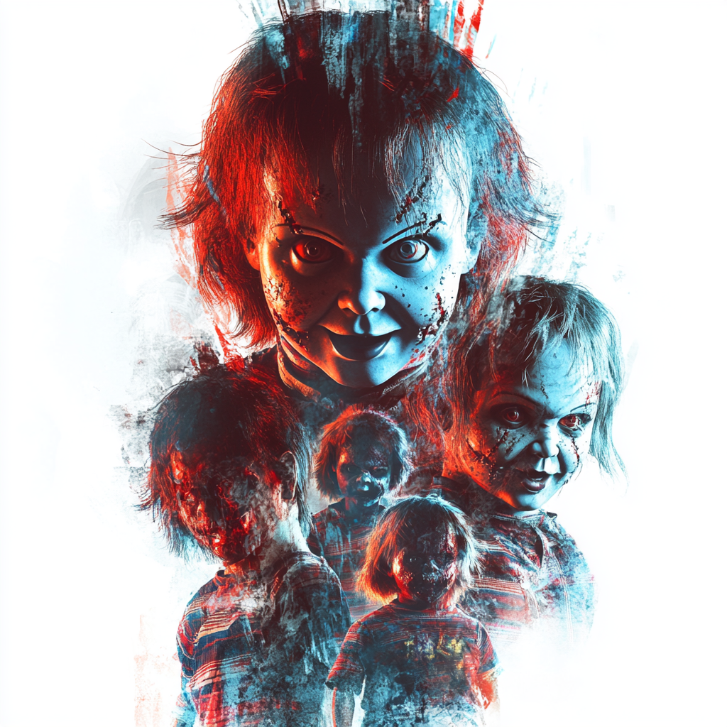 Chucky dolls in menacing poses with blue filter, eerie.