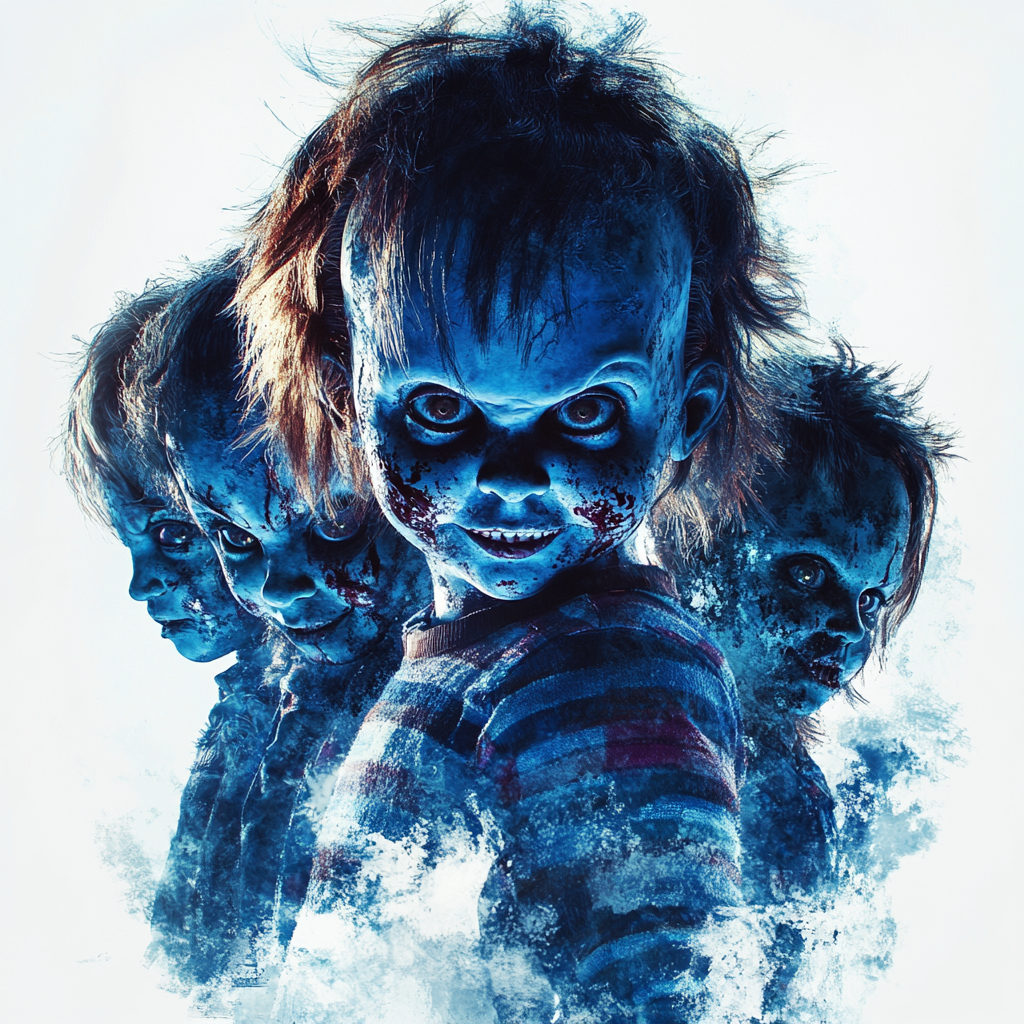 Chucky dolls in menacing poses with blue filter effect.