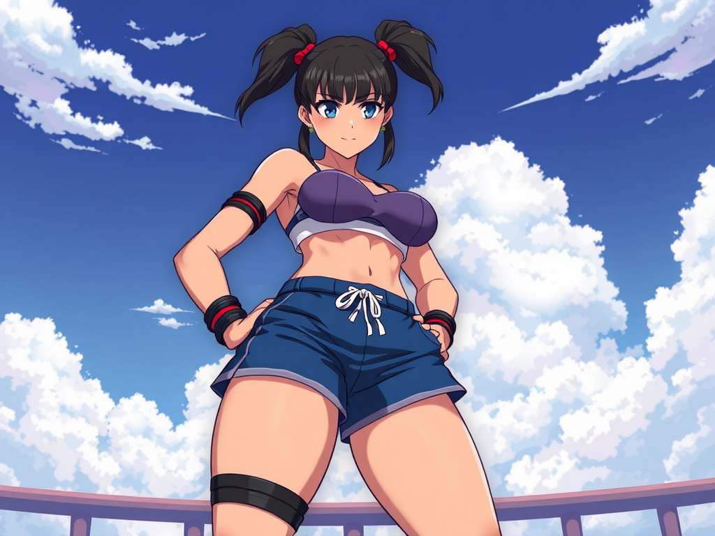 Chun-Li wearing shorts in anime style.