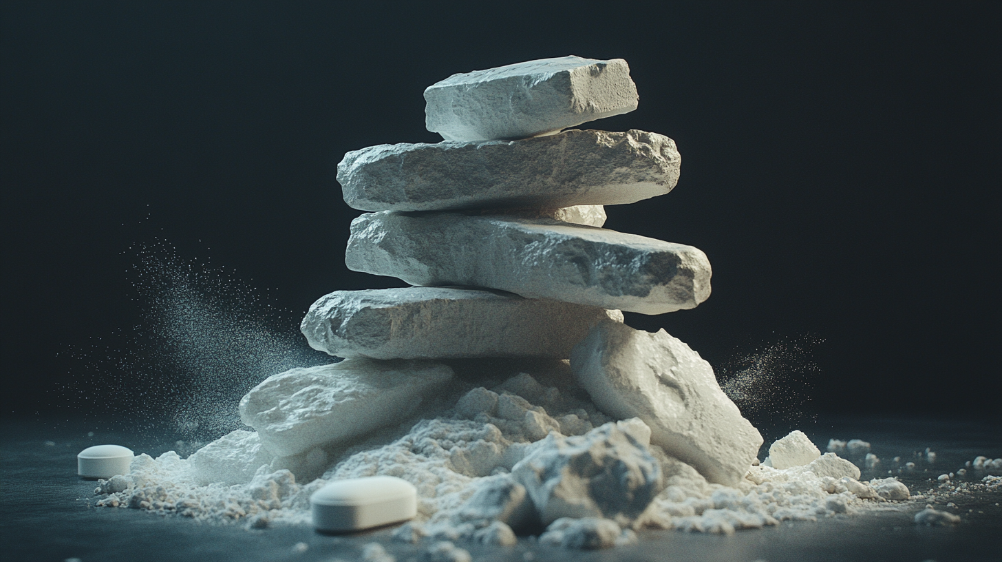 Chunks of white medical pills stacked like rocks