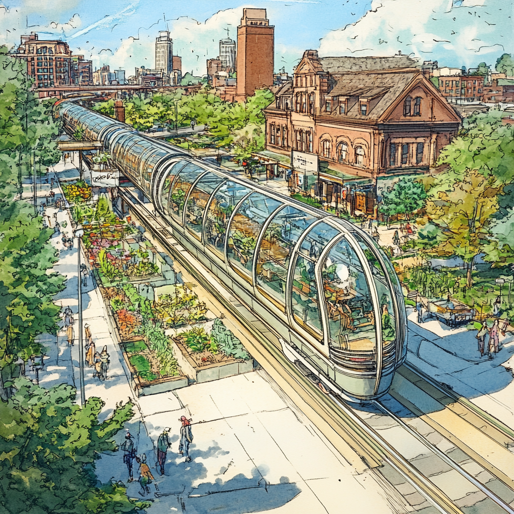 Cincinnati expanded with technology and innovative design in 2050. Solarpunk theme, monorail, community space. Sketch style.