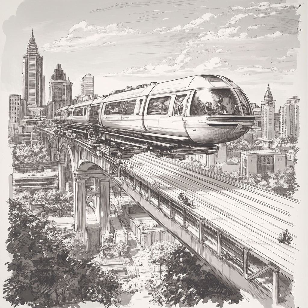 Cincinnati in 2050: tech, design, solarpunk theme, monorail/bike path, less traffic.