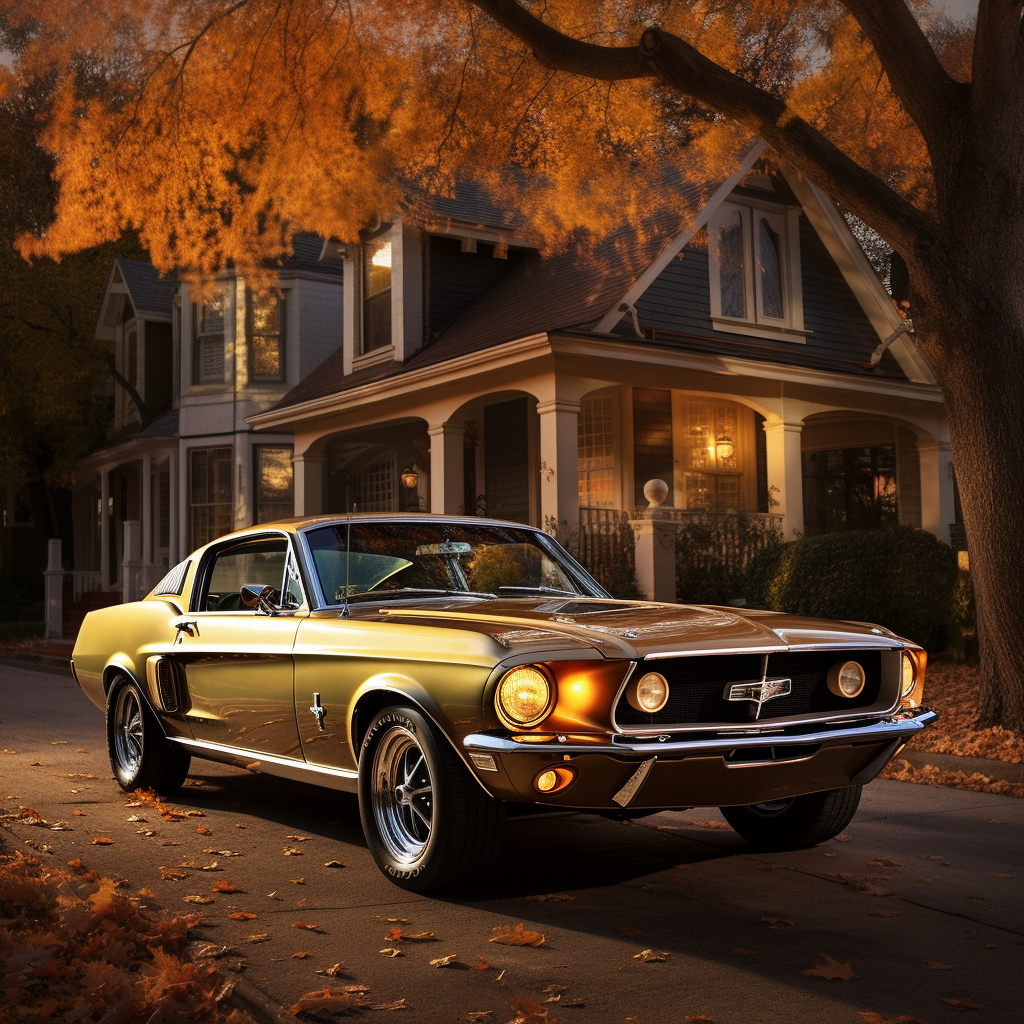 Cinematic 1968 Mustang with American Houses Background