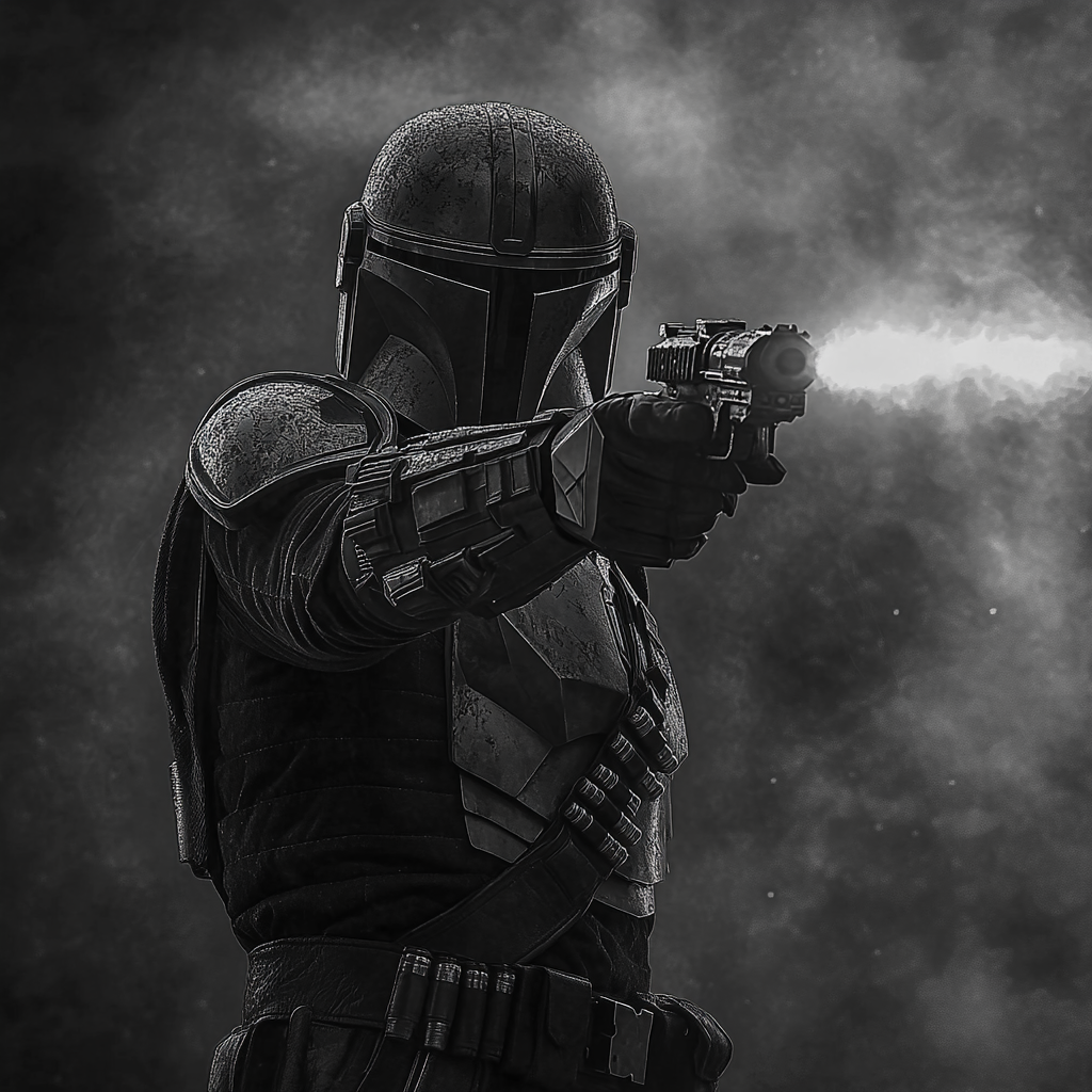 Cinematic Mandalorian with blaster, realistic digital art 