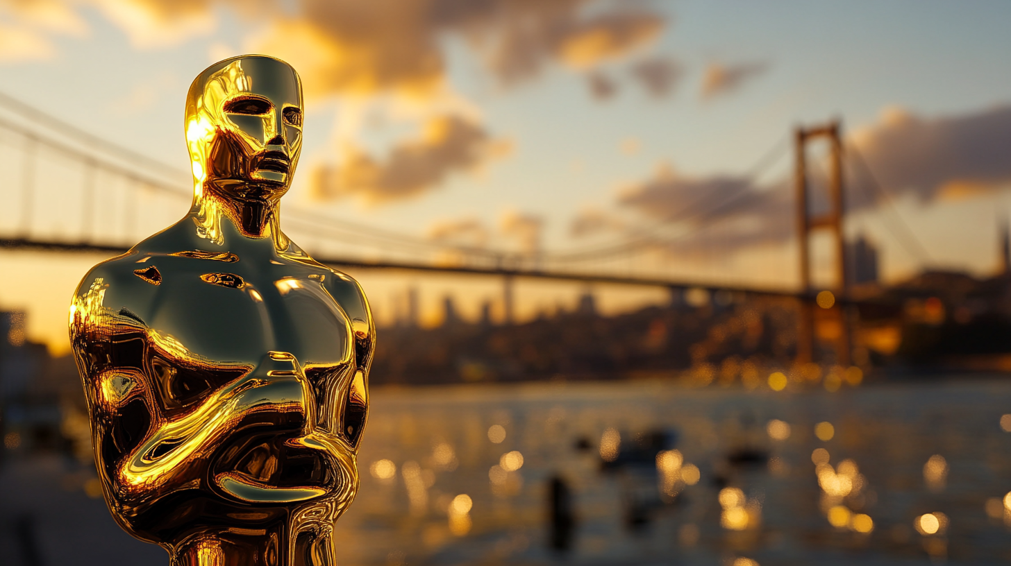 Cinematic Oscar Statue Strolling on Istanbul Bridge