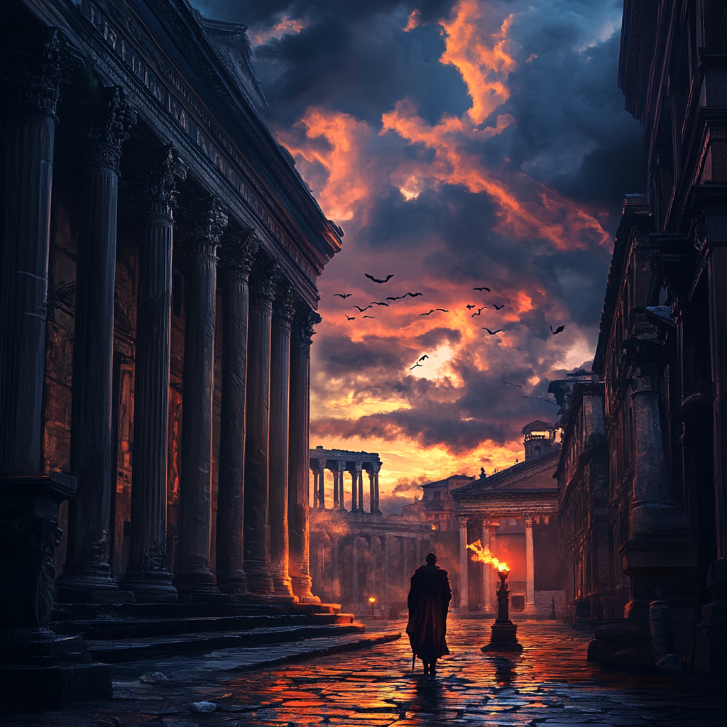 Cinematic Rome Dusk Prophecy Ominous Figure Storm Clouds 8k